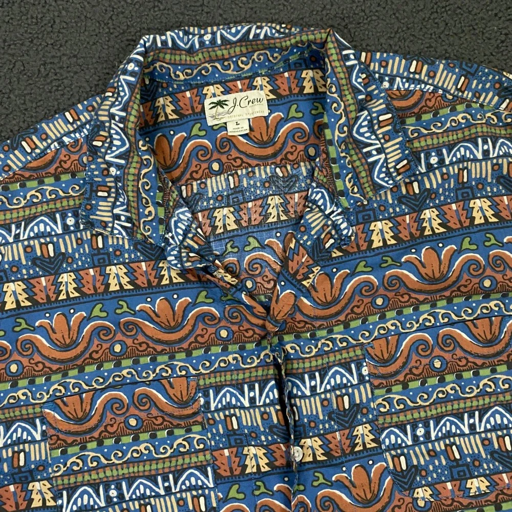 J. Crew Shirt Mens Large Blue Hawaiian Tribal Batik Print Camp Loop Collar